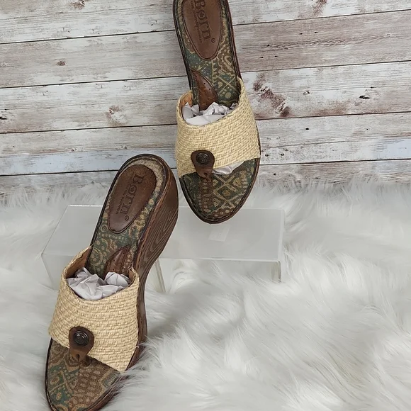 Born, Beige leather straw W62238 wedge platform Thong Sandal Shoes Sz 8/39 - Picture 4 of 7